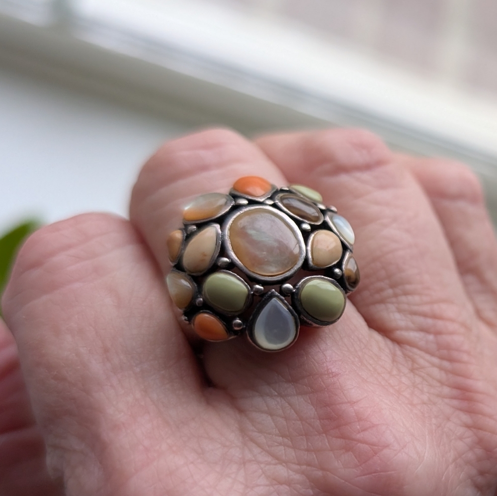 Moonstone , Jasper And Other Stones  Not Sure But Gorgeous, 925 Sterling Ring 7